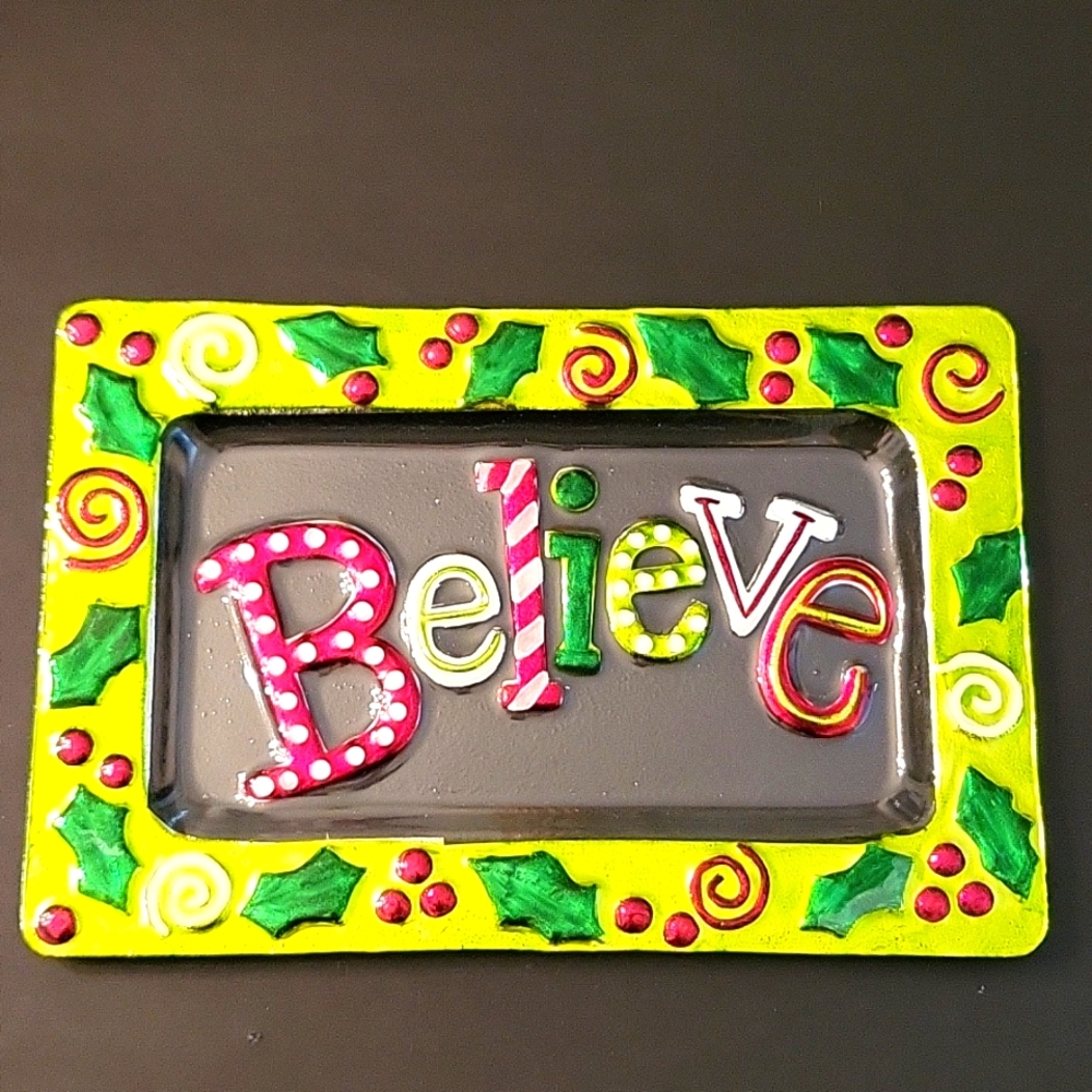 NEW Believe Painted Glass Holiday Tray